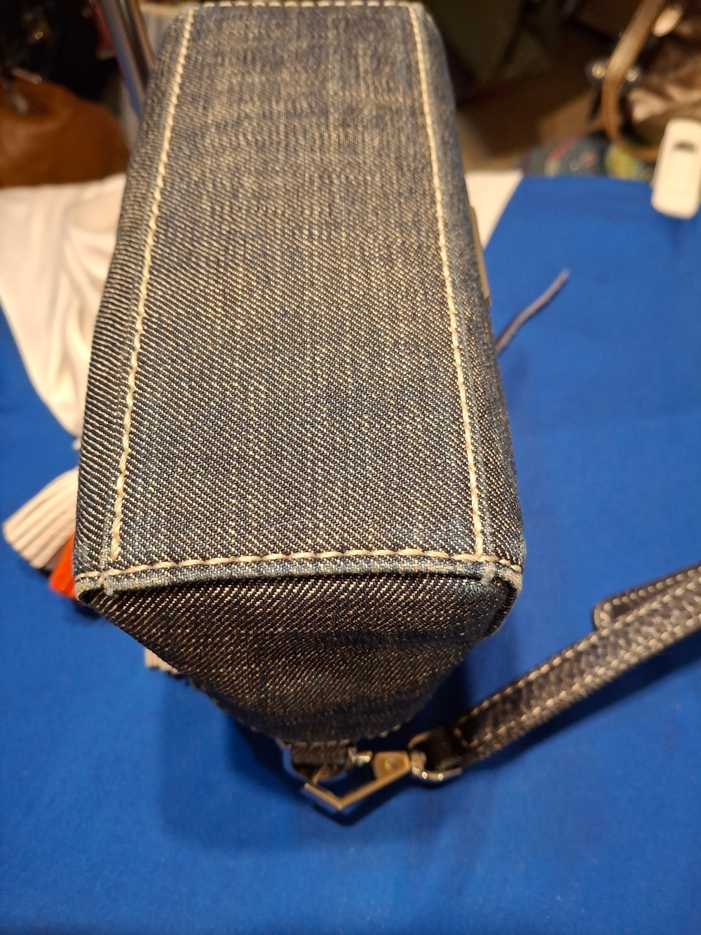 Rebecca Minkoff Mini Sofia Denim Crossbody Bag with Orange and Cream Tassels - Picture 5 of 11
